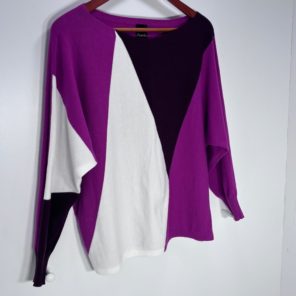 Aaeda Woman's size L lightweight Sweater color block Purple Pink Ivory Rayon
